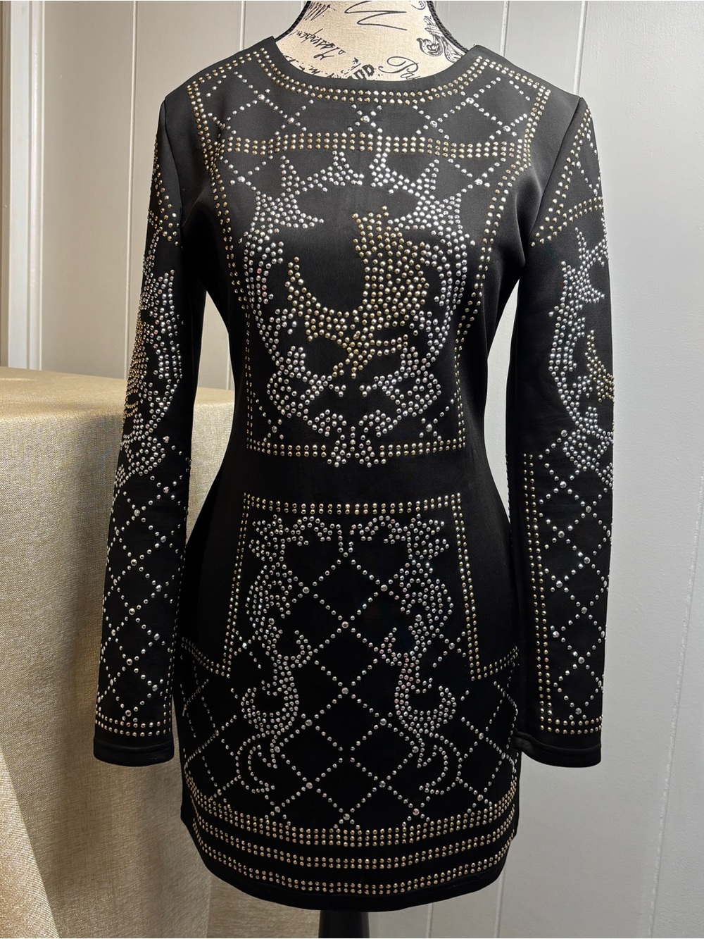 Black Long-Sleeve silver & gold tone Studded Bodycon Dress ~ Sz Large